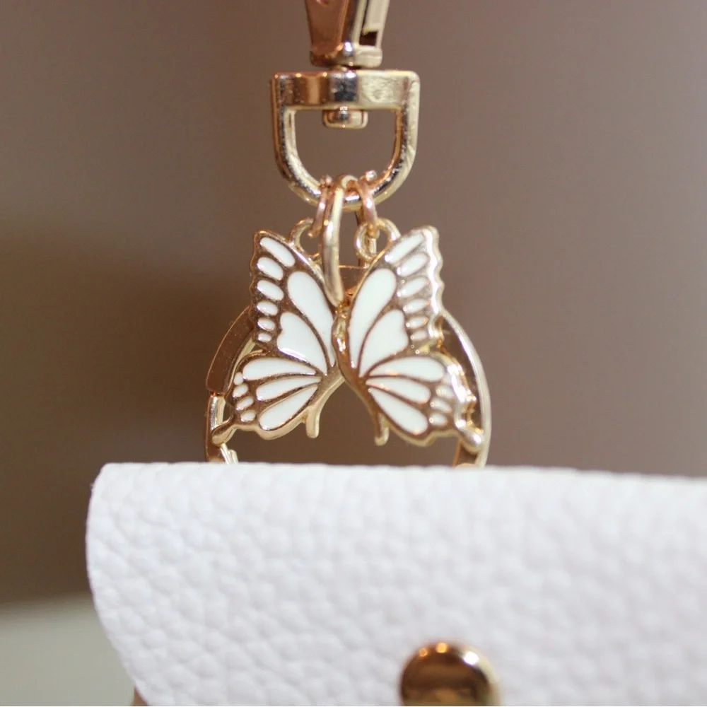 Cardholder Keychain or Bracelet with Butterfly Charm & Tassel White with Gold